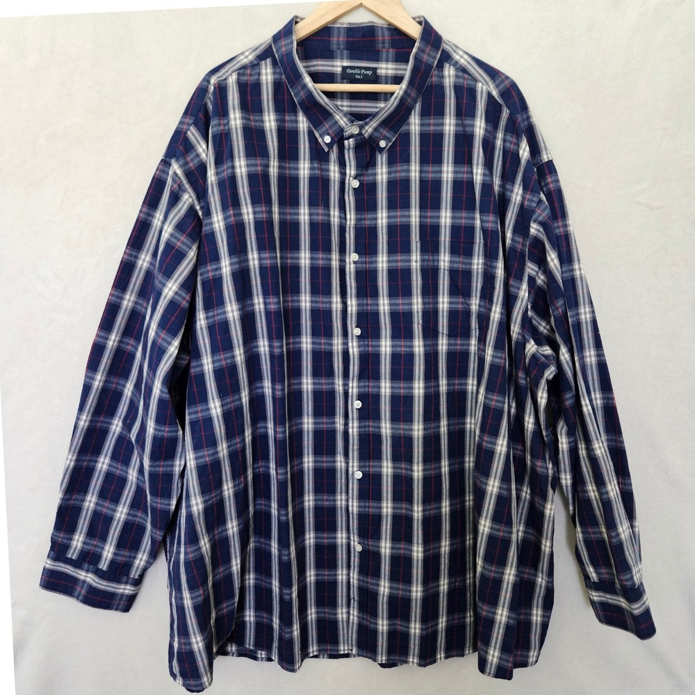 Double Pump Mens 5XLT Plaid Button Down Shirt Navy Blue Long Sleeve Big & Tall